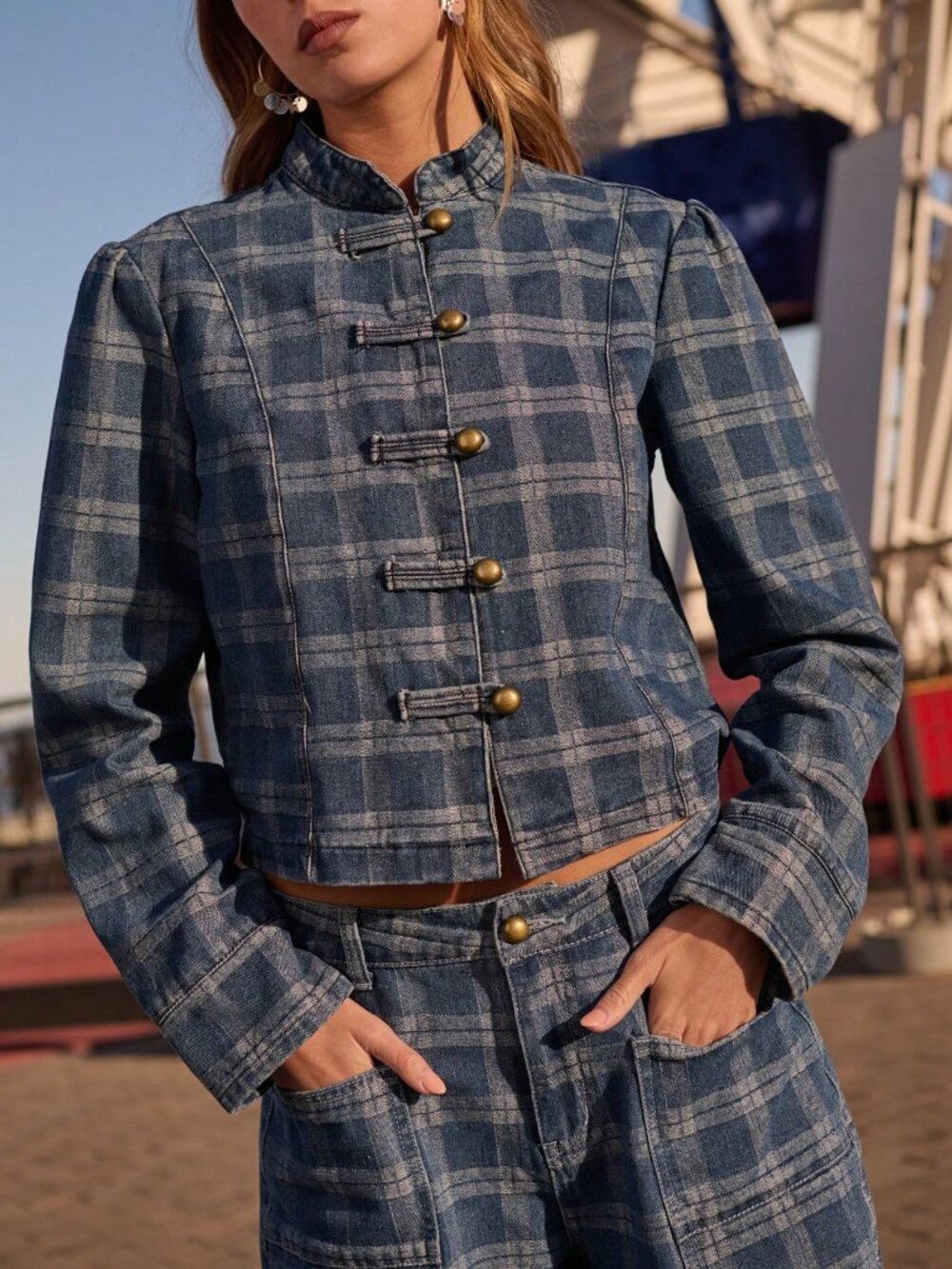Blue Casual Women's Plaid Stand Collar Regular Fit Short Jacket